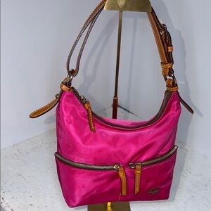 Dooney & Bourke EUC hot pink in and out nylon, med sz, brown leather trim
